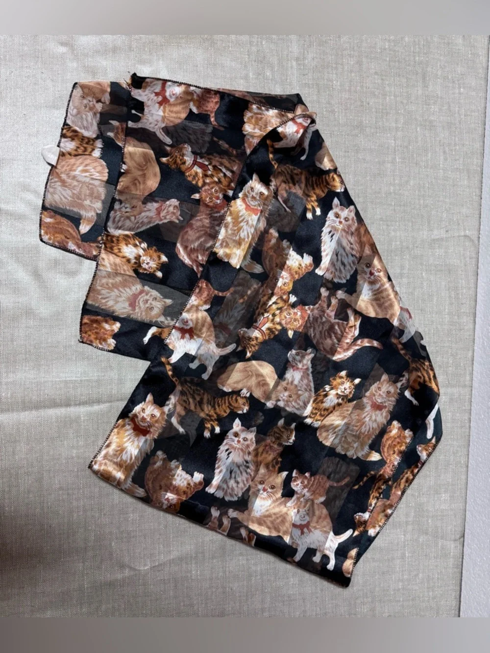 Vintage Oblong Orange Ginger Cat Scarf Silky Polyester 13x60